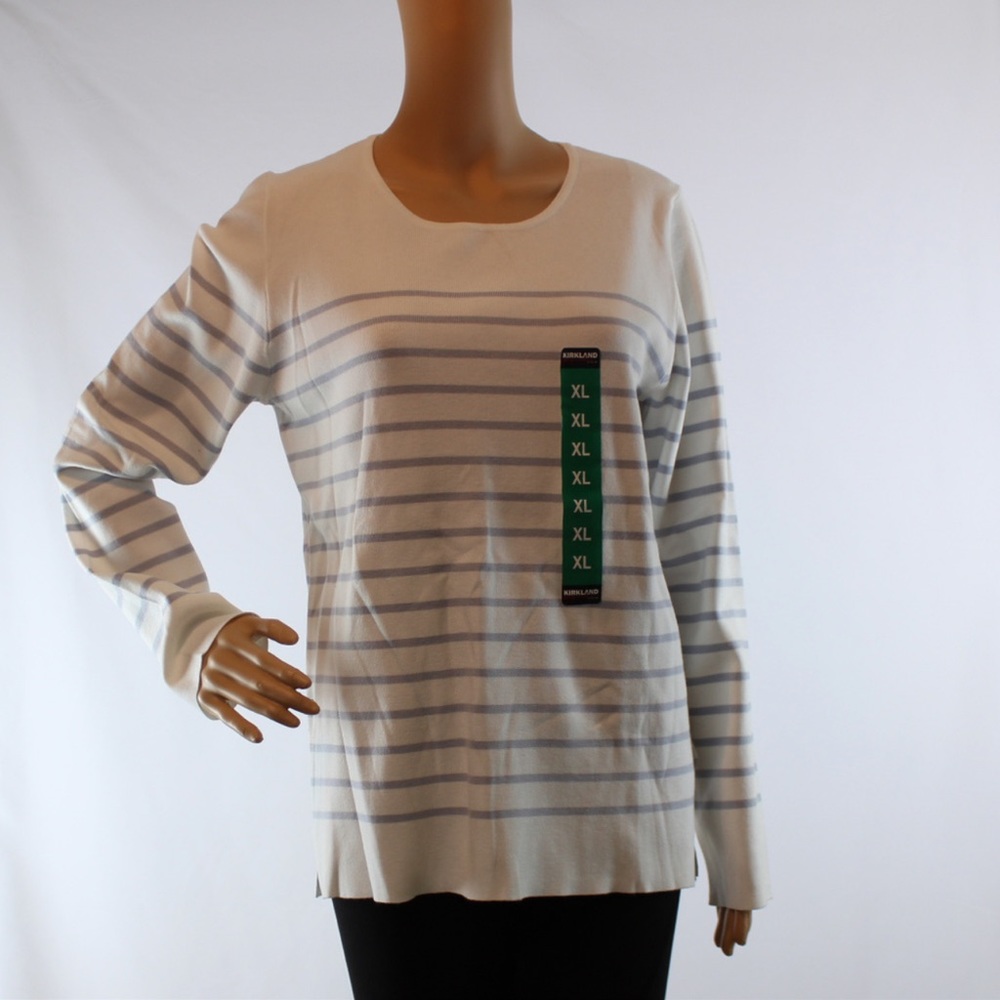 Kirkland | Ladies Gray & Cream Crewneck Long Sleeve Sweater Striped Top